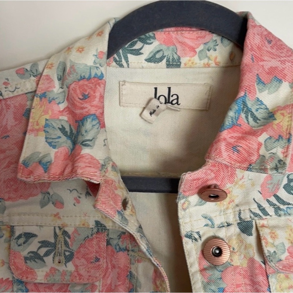 Lola Floral Cropped Jean Jacket in Cream, Pink, Green - Picture 3 of 3